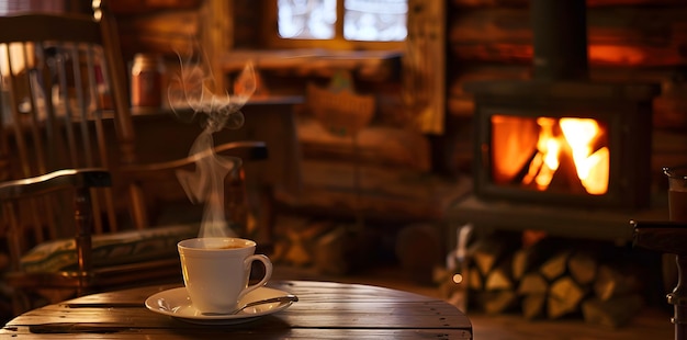 Photo a steaming cup on a wooden table inside a rustic cabin showcasing the warmth and tranquility