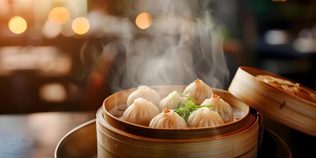 Photo steaming dim sum in bamboo steamer at an ethnic restaurant a closeup view concept food photography asian cuisine culinary art traditional cooking methods dim sum presentation