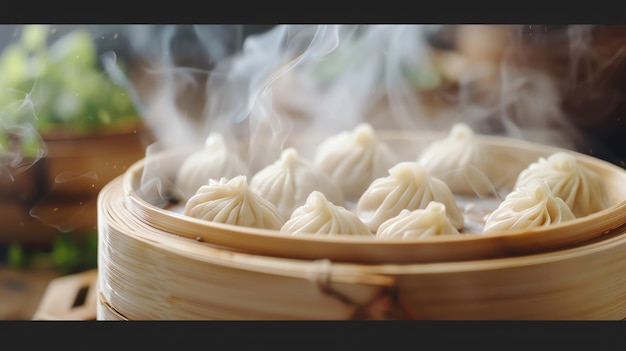 Photo steaming dumplings in a bamboo steamer