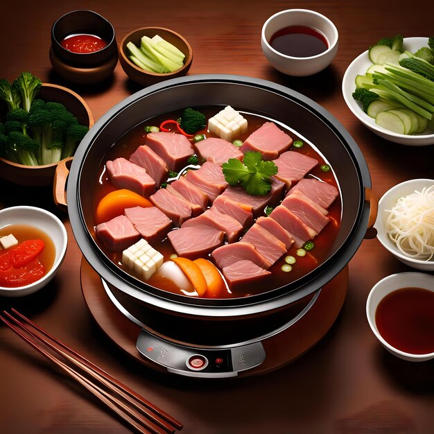 Photo steaming flavors shabushabu pot with sliced beef centerpiece on rustic table