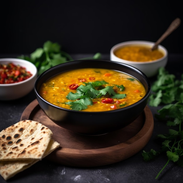 Steaming Hot Bowl of Dal Soup with Colorful Garnishes in India Perfect for Indian Cuisine Ads