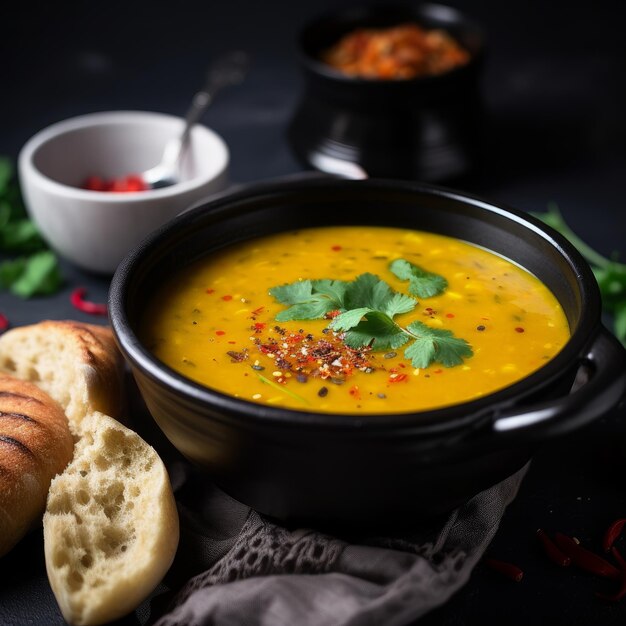 Steaming Hot Bowl of Dal Soup with Colorful Garnishes in India Perfect for Indian Cuisine Ads