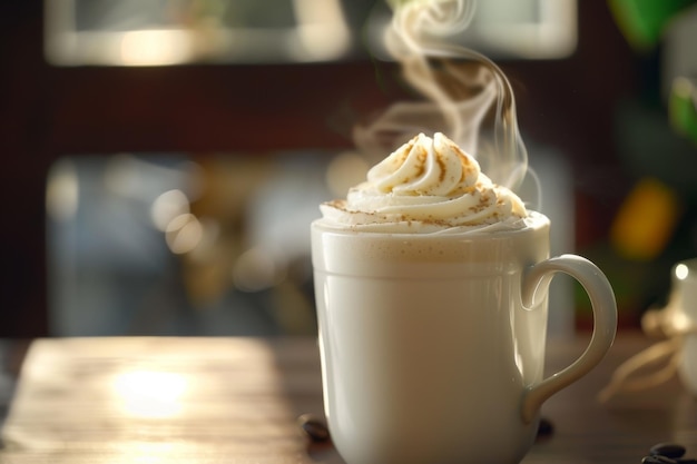 Steaming Hot Cappuccino with Whipped Cream in White Mug on Wooden Table