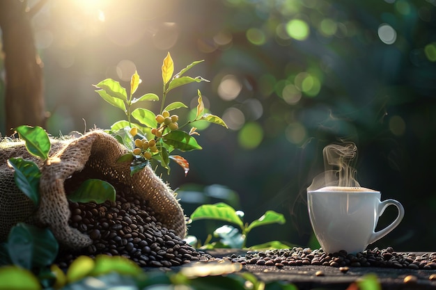 Photo steaming hot coffee in a rustic cup surrounded by fresh coffee beans and cherries on a coffee planta