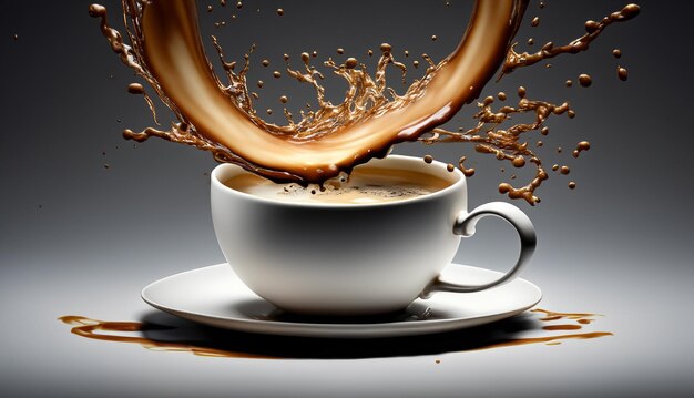 Steaming hot cup of cappuccino with intricate latte art swirl in a white cup on a saucer set against a dark background capturing the warmth and sophistication of coffee culture