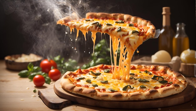 A steaming hot italian pizza with a thick layer of melted cheddar cheese bubbling and oozing