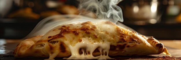 Steaming Hot Melted Cheese Calzone Freshly Baked on Wooden Surface in Warm Ambient Light