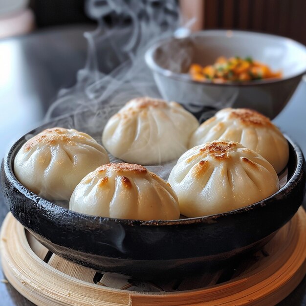 Photo steaming hot panfried pork buns