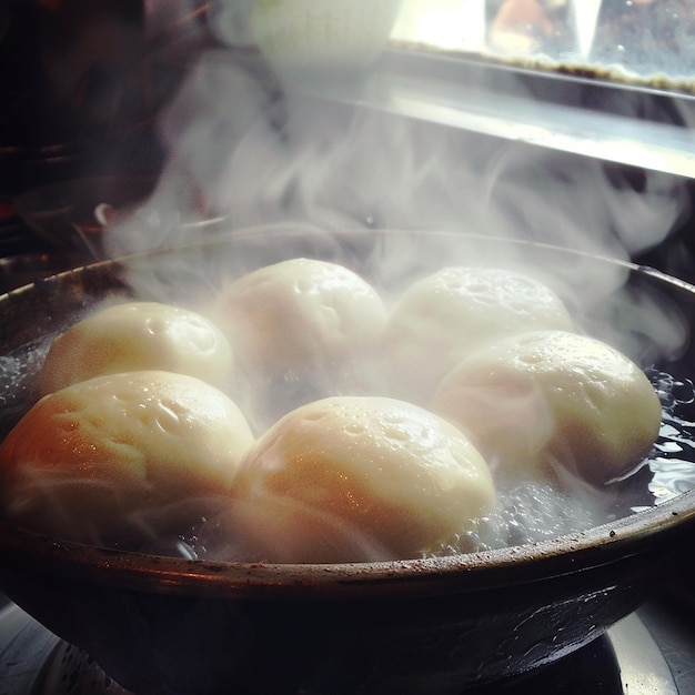 Photo steaming hot panfried pork buns