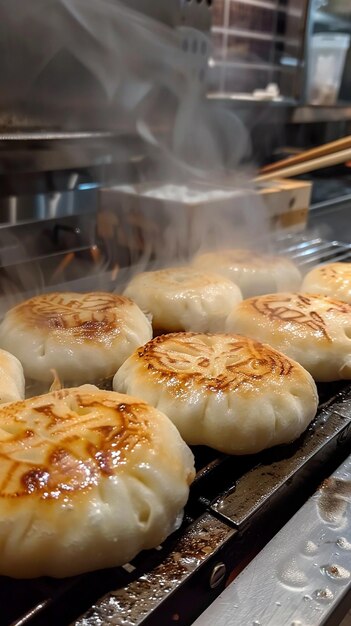 Photo steaming hot panfried pork buns