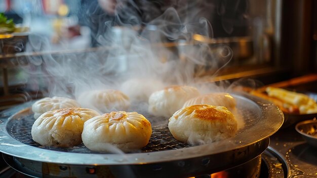 Photo steaming hot panfried pork buns