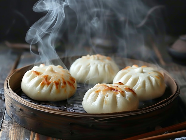 Photo steaming hot panfried pork buns