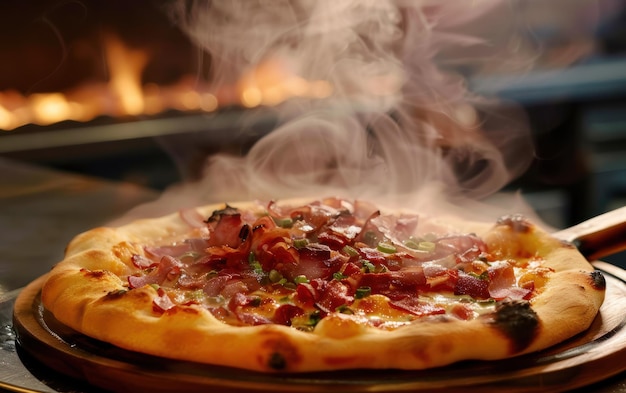 Photo steaming hot pizza with ham and cheese