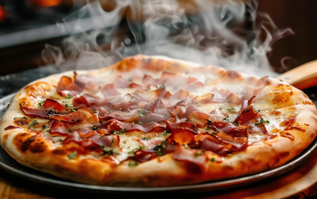 Photo steaming hot pizza with ham and cheese