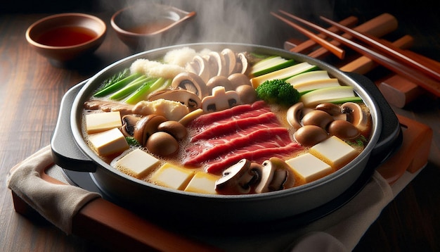 Steaming Hot Pot With Beef Tofu and Mushrooms