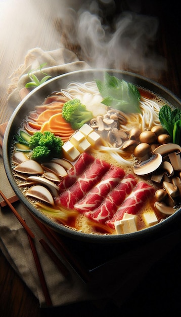 Steaming Hot Pot With Beef Tofu and Mushrooms