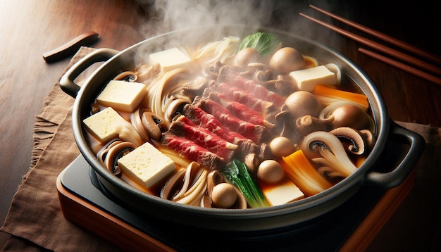 Steaming Hot Pot With Beef Tofu and Mushrooms