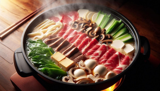 Steaming Hot Pot With Beef Tofu and Mushrooms