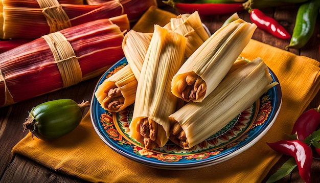 Steaming hot tamales arranged on a colorful plate