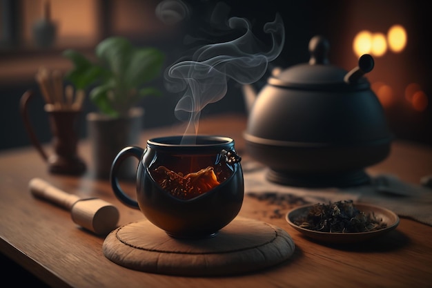 Steaming hot tea on wooden table Generative AI