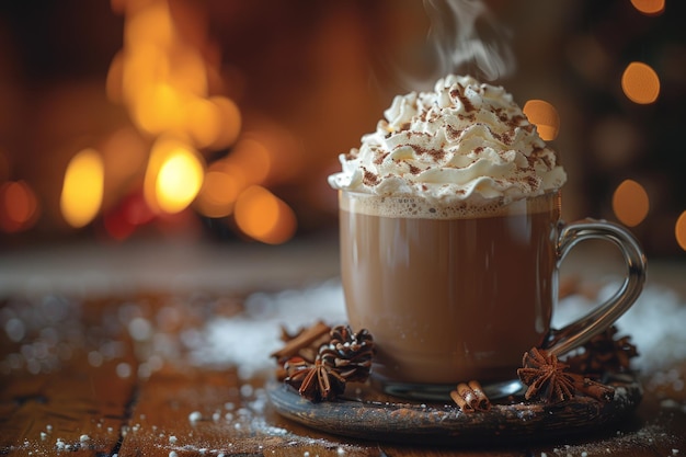 Photo a steaming mug of hot chocolate topped with whipped cream and cocoa powder