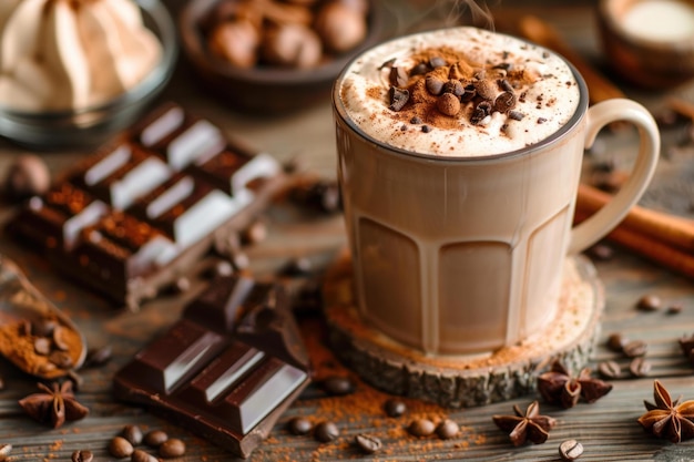 Steaming mug of hot chocolate with whipped cream chocolate chips and cinnamon surrounded by chocolate bars and spices