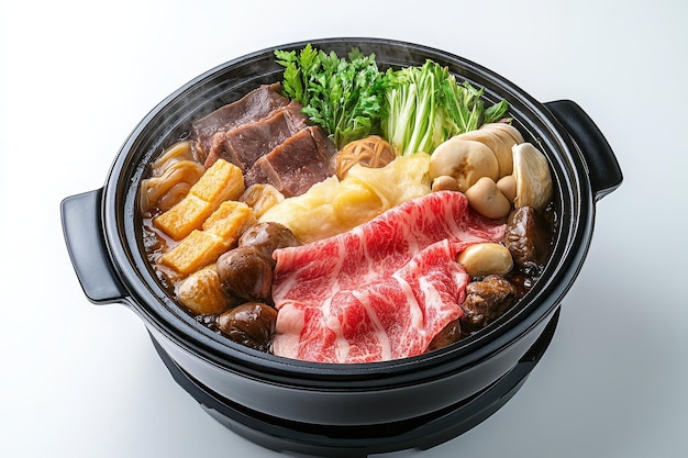 Photo a steaming pot of japanese hot pot known as nabe filled with thinly sliced beef various vege