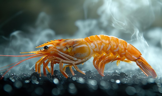 Steaming Shrimp on Black Surface A single freshly cooked shrimp with steam rising above it sits on a dark textured surface The shrimp is perfectly cooked with a bright orange hue