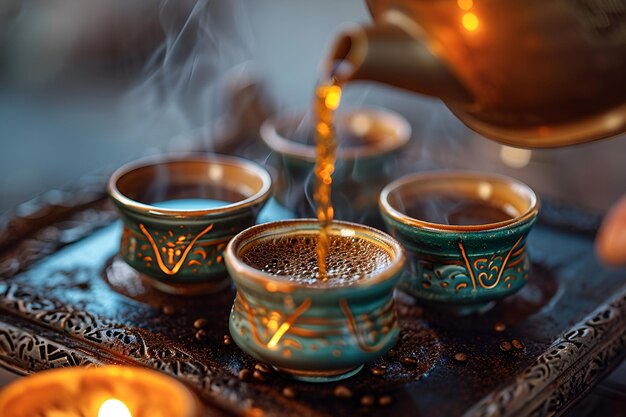 Steaming Turkish coffee being poured into ornate cups on an intricately designed tray