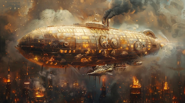 A steampunk airship adorned with gears and billowing smoke