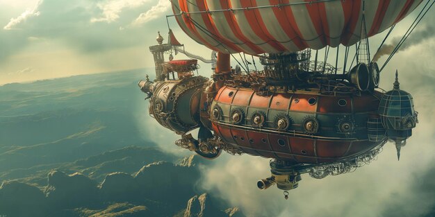 Photo steampunk airship adventure in a vibrant sky with scenic mountain views