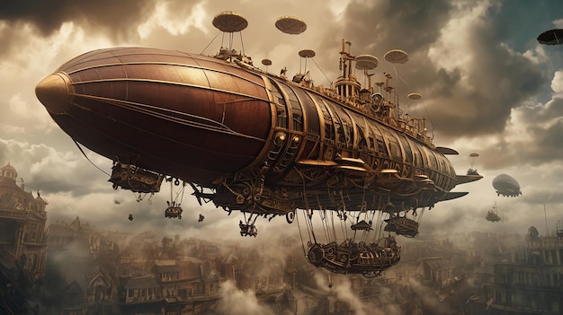 Photo steampunk airship battle in a smoky sky with explosions and brass ships