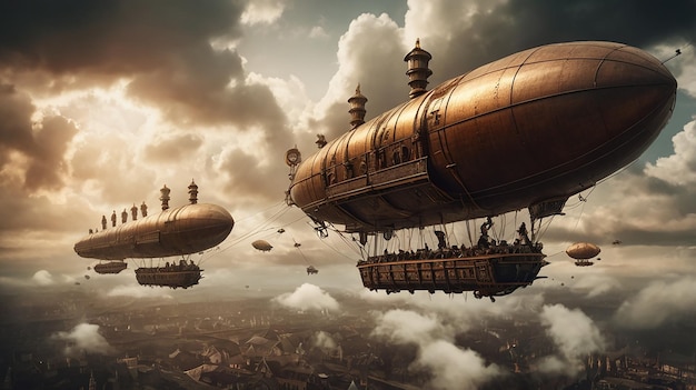 Photo steampunk airship battle in a smoky sky with explosions and brass ships