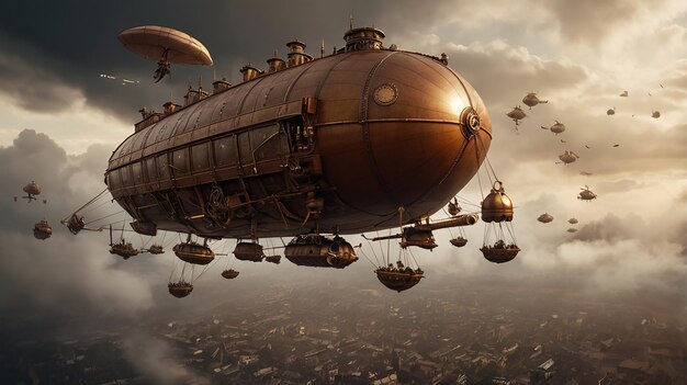 Steampunk airship battle in a smoky sky with explosions and brass ships