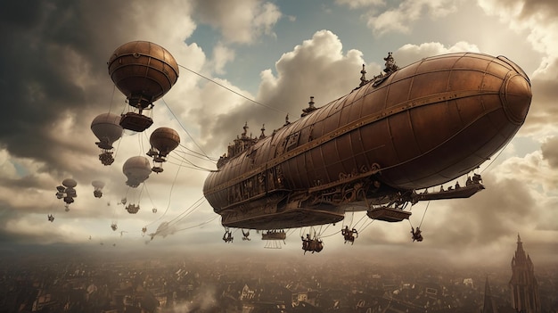 Photo steampunk airship battle in a smoky sky with explosions and brass ships