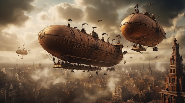 Steampunk airship battle in a smoky sky with explosions and brass ships