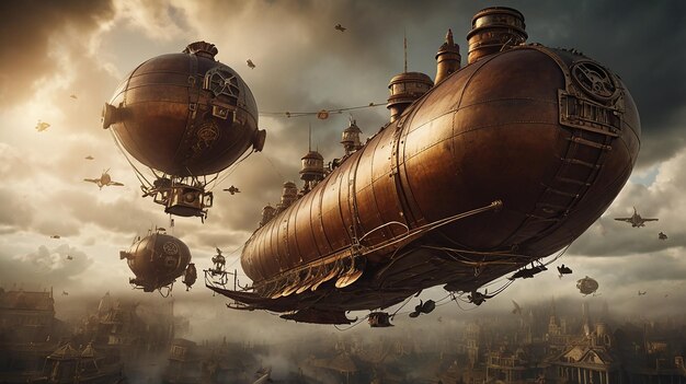 Photo steampunk airship battle in a smoky sky with explosions and brass ships