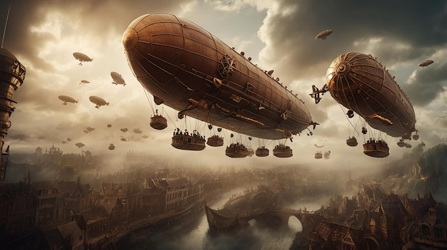 Steampunk airship battle in a smoky sky with explosions and brass ships