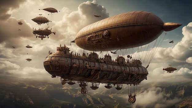 Steampunk airship battle in a smoky sky with explosions and brass ships