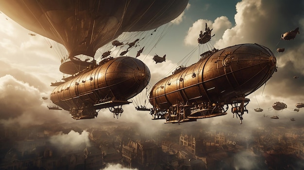 Photo steampunk airship battle in a smoky sky with explosions and brass ships