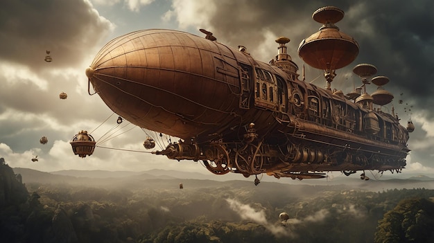 Steampunk airship battle in a smoky sky with explosions and brass ships