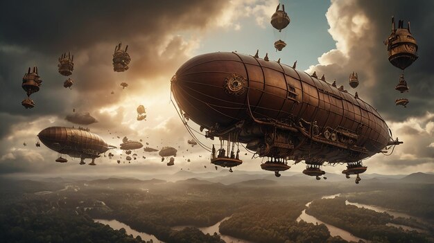 Steampunk airship battle in a smoky sky with explosions and brass ships