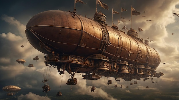 Photo steampunk airship battle in a smoky sky with explosions and brass ships