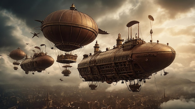 Steampunk airship battle in a smoky sky with explosions and brass ships