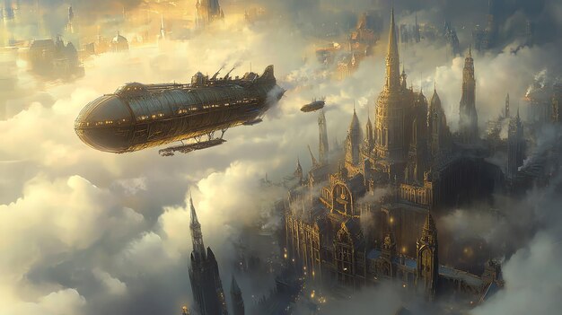 Photo a steampunk airship flies above a fantastical city in the clouds