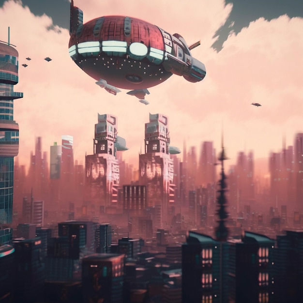 Steampunk airship flies over a modern city