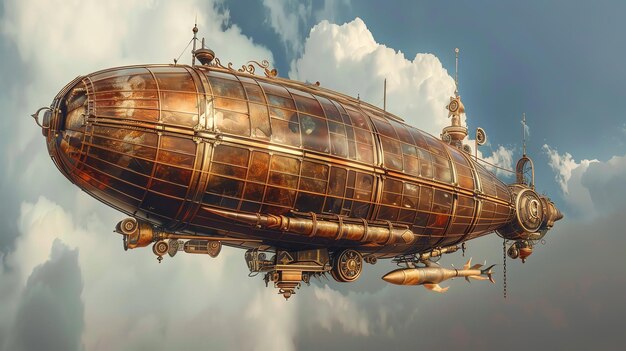 A steampunk airship flies through a cloudy sky