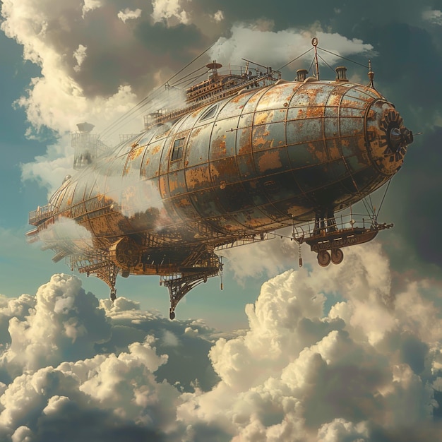 Photo a steampunk airship floating gracefully in a cloudy sky