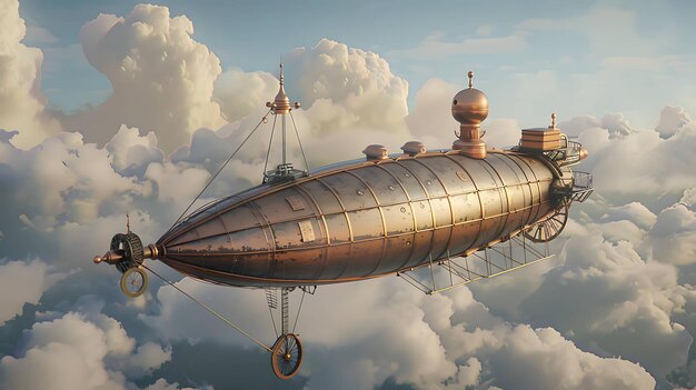 Photo a steampunk airship flying through the clouds