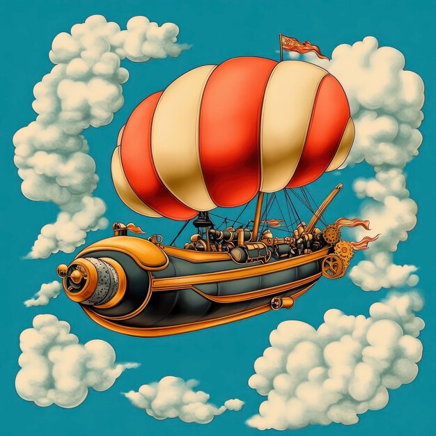 Photo steampunk airship flying through clouds